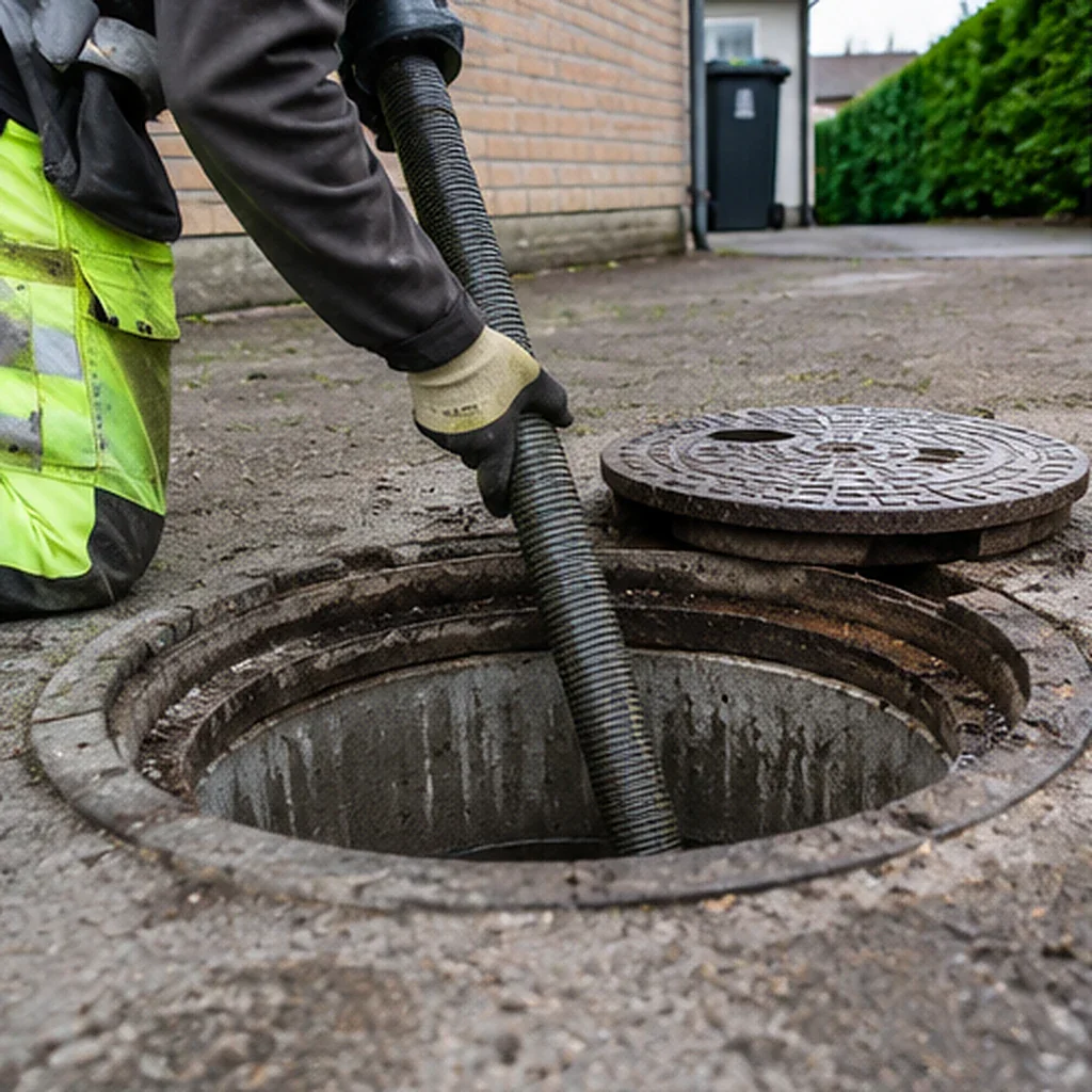 Mand i høj synlig vest arbejder ved åbnet kloakdæksel med slange til rensning.