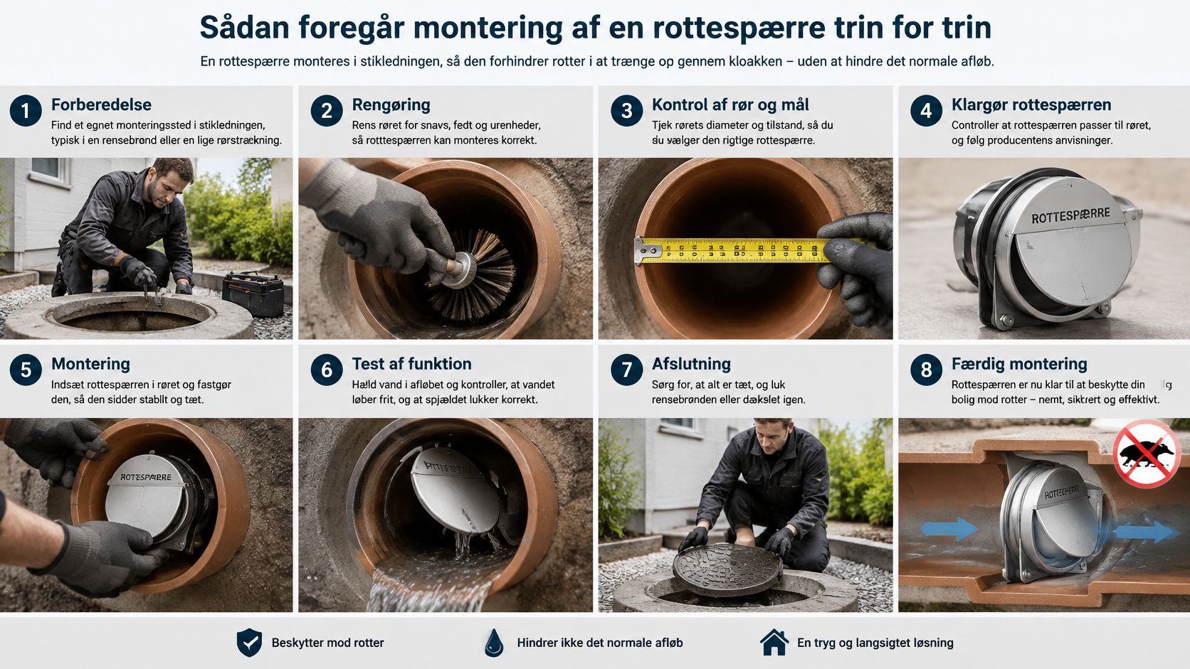 En guide i otte trin der viser hvordan man korrekt monterer en rottespærre i en kloakledning.