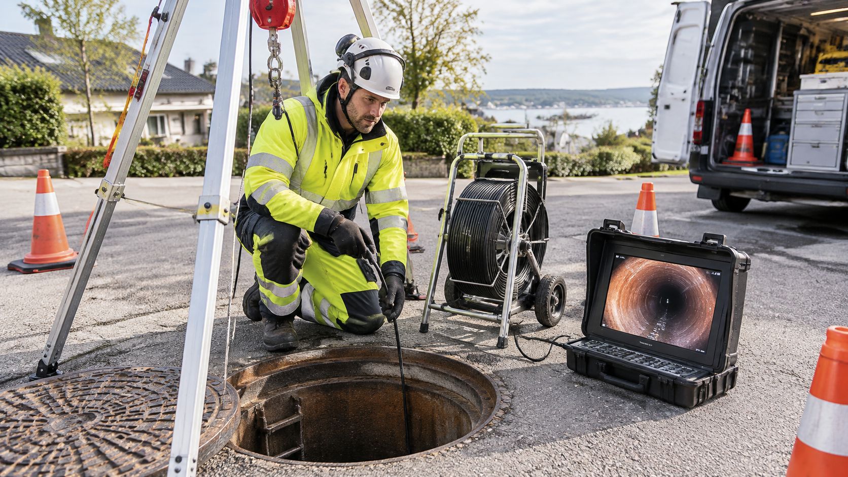 En tekniker foretager en professionel inspektion af et kloaksystem ved hjælp af et specialiseret videokamerasystem og skærm.